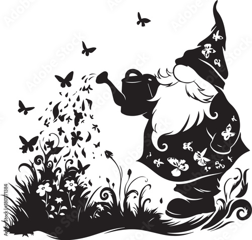 Garden Gnome's Spring Bloom: A whimsical garden gnome sprinkles water over blossoming flowers, attracting butterflies and infusing the scene with a touch of magic and springtime allure.