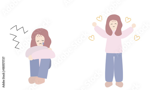 落ち込みから回復する女性のビフォーアフターのイラスト