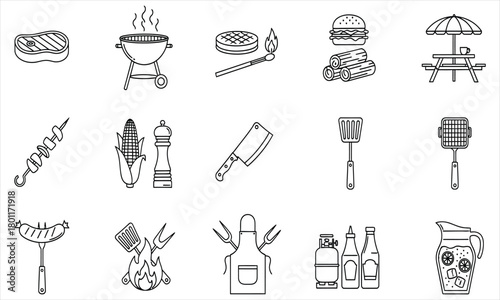 Barbecue icons set grill, food, utensils and accessories for outdoor cooking and summer feasts