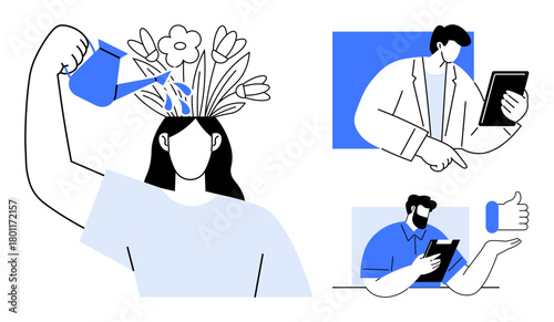 Woman watering flowers growing out of her head, man pointing at a tablet, another giving a thumbs-up. Ideal for education, growth, creativity, networking, self-improvement teamwork feedback. Simple