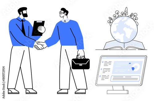Two professionals shaking hands over clipboard and briefcase, globe with plants on book, and desktop with analytics. Ideal for teamwork, education, sustainability, innovation, global growth