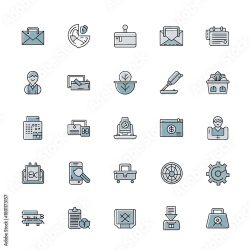 Collection of business and finance icons isolated on, representing various aspects of commerce, banking, and office work in a modern, minimalist style