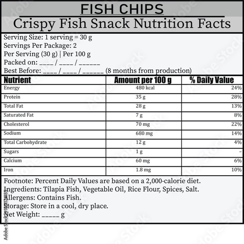 Fish Chips Crispy Snack Nutrition Facts Label vector