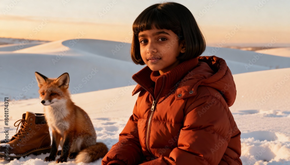 Obraz premium A young girl and a fox sit together in a snowy landscape at sunset