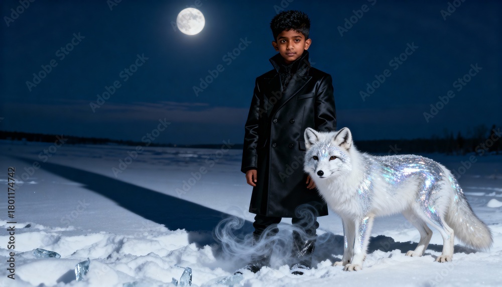 Obraz premium A young boy stands with a white fox under a full moon in a snowy landscape
