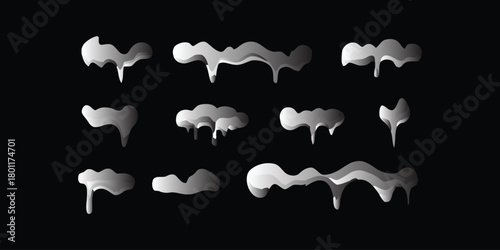 Collection of realistic dripping paint and liquid elements with a grayscale gradient on a black background