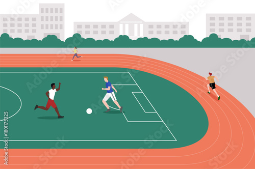 A school's sports field with students participating in various athletic activities, representing physical education, school sports, and a healthy active student life.