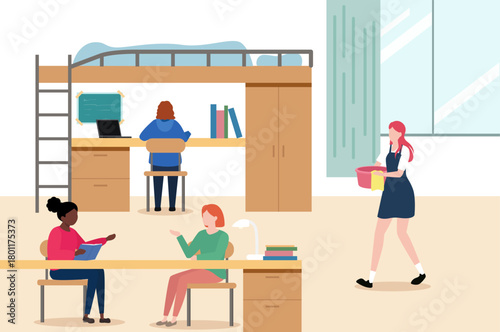 A dorm room with students engaged in various activities: studying, working on a laptop, conversing, and cleaning, depicting daily life in a shared student accommodation.