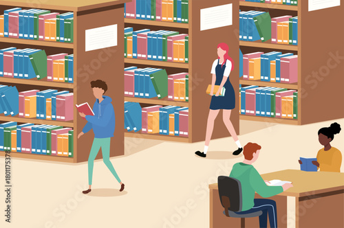 A library filled with students actively engaged in reading and studying, highlighting the importance of libraries as centers for learning and knowledge.