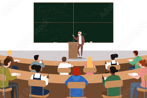 A diverse group of students attentively listening to a professor lecturing in a classroom, or lecture hall.