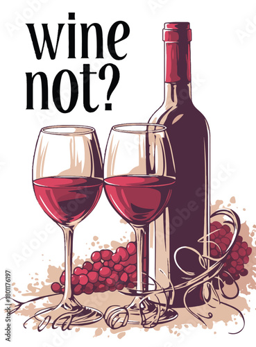 Wine Not: A stylized image of two wine glasses filled with deep red wine and a bottle. alongside grapes and a corkscrew, creating a sophisticated and inviting scene.