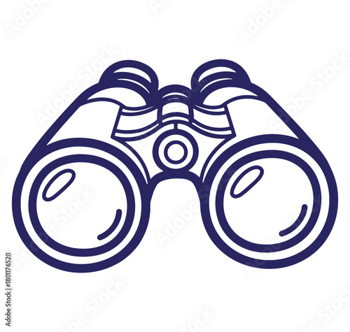 Detailed dark blue line art illustration of classic binoculars for exploration and viewing