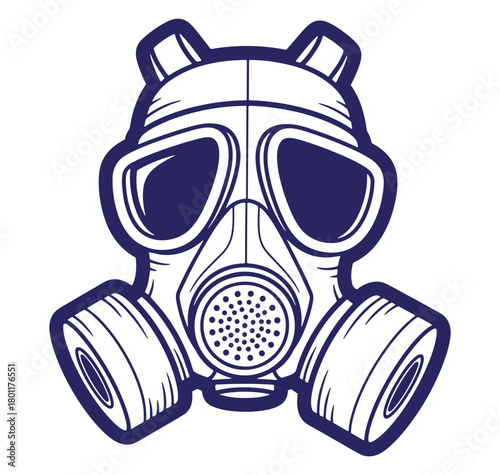 Detailed illustration of a gas mask in a clean design with bold blue and white colors