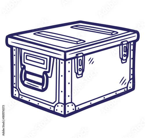 Detailed outline illustration of a box or crate with metal handle and hinges in graphic design