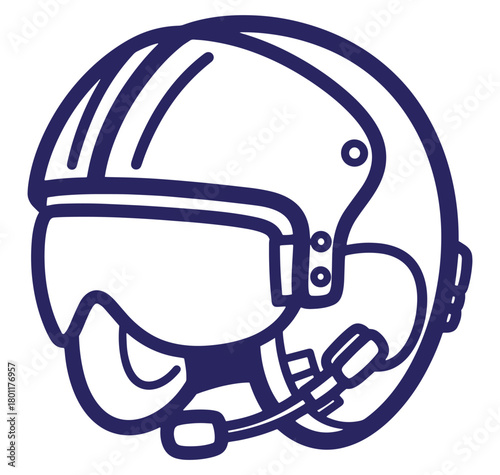 Illustrated vector graphic of a modern aviation pilot helmet with visor and communication system
