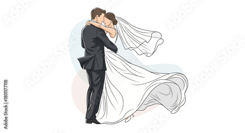 Romantic wedding bliss as bride and groom embrace in elegant dance, capturing a timeless moment of love and commitment for invitations and announcements