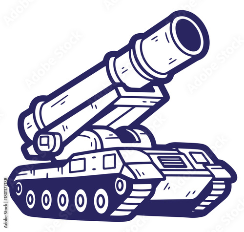 Illustration of a military tank with a large mortar gun isolated on white background