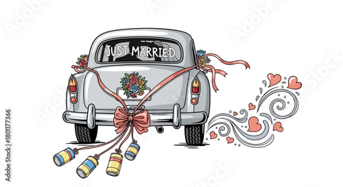 Just married elegant vintage car with ribbons, flowers, and cans ready for a honeymoon escape, perfect for wedding invitations and celebrations