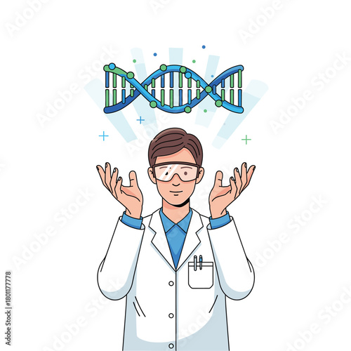 Scientist studying dna concept man in lab coat and goggles with a dna double helix above his hands, isolated on genetic research and biotechnology