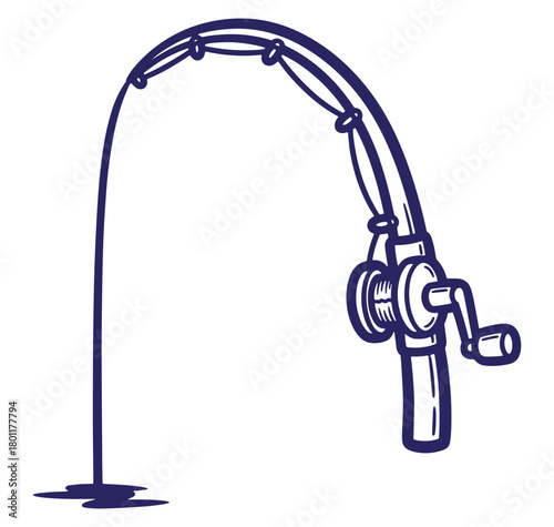 Simple blue outline illustration of a fishing rod isolated on a white background