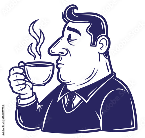 Retro cartoon man enjoying coffee depicting morning routine or coffee break moments