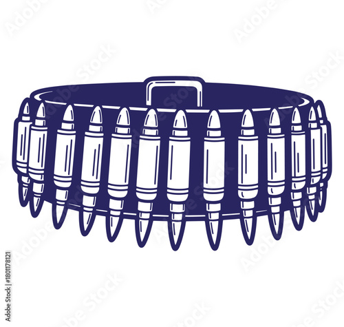 Simple illustration of ammunition belt showing a collection of rifle cartridges in a dark blue design