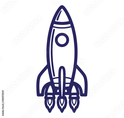 Simple line art illustration of a rocket ship flying into outer space on a white background