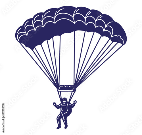 Vector illustration of a skydiver parachuting against a white background shows adventure