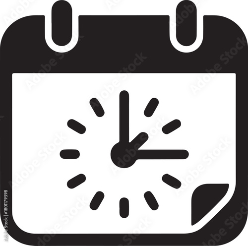 Vector icon of a dark calendar with a clock face indicating time management and important scheduling