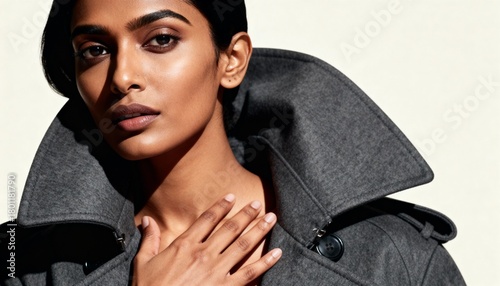 Closeup portrait of a beautiful indian woman wearing a stylish grey coat with a large collar