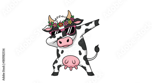Funny Cartoon Cow Doing a Dab Dance Wearing Sunglasses and a Wreath Celebration Accessory