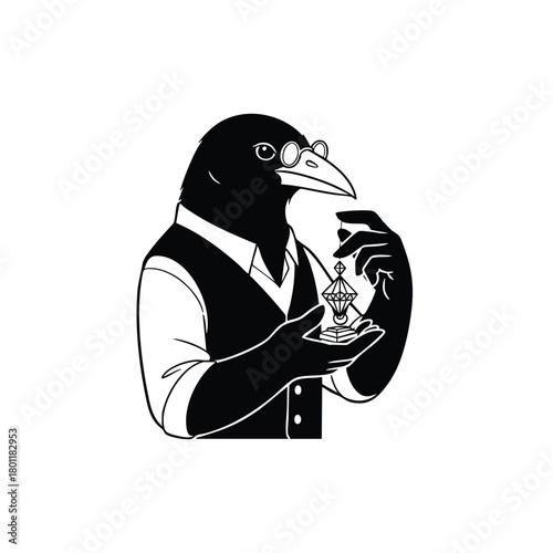 Crow Jewelcrafter Silhouette with Gem White Background Cartoon Animal Goldsmith Jeweler Jewelry Design Gemstone Craft 110 Chars