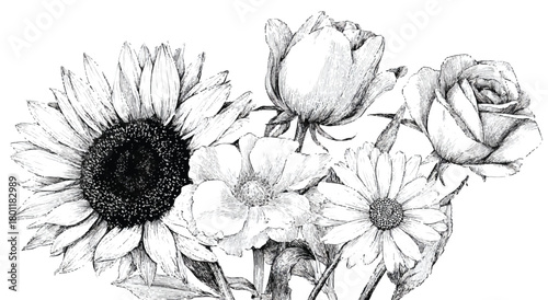 Elegant Black and White Flower Bouquet Drawing with Sunflower and Roses