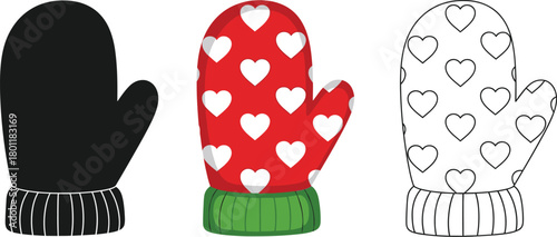 Three mitten illustrations in black, heart and outline, perfect for winter, christmas, or design projects