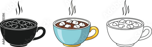 Hot chocolate vector illustration set of hot chocolate cups in different styles winter drink with marshmallow