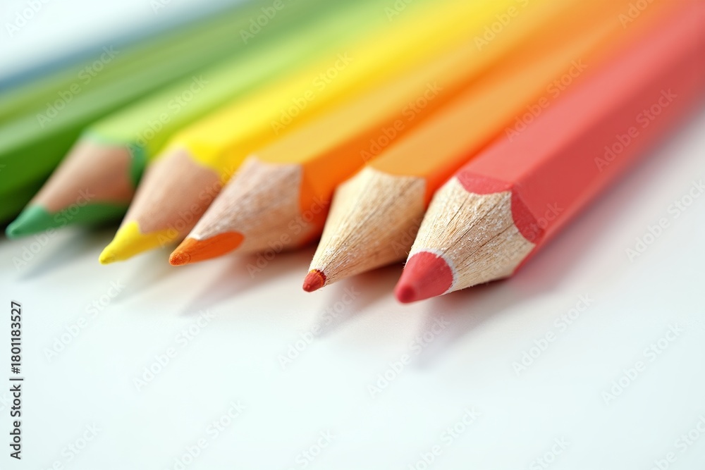 Obraz premium Rainbow-colored pencils neatly arranged, showcasing vibrant hues from green to red on a clean white background.