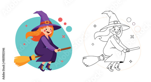 Cute Cartoon Witch Flying Broomstick Spooky Halloween Celebration Autumn Festival Magical Fantasy Character Design Artwork