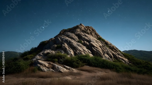 A rugged mountain peak stands against a dark starry night sky with scrubby vegetation on its slopes and surrounding hills