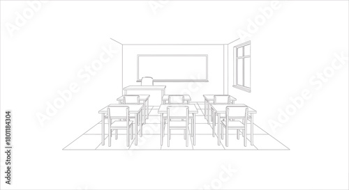 Contour line drawing of an empty school classroom interior.