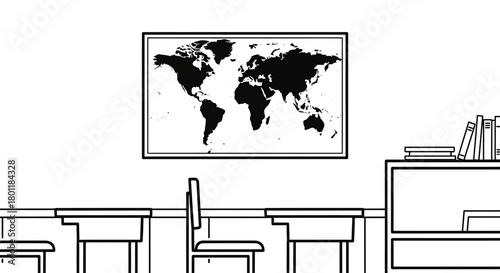 Classroom with World Map and Desks.