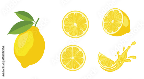 Vibrant Yellow Citrus Fruit Set Featuring Whole Lemons Slices and Splashes of Juice