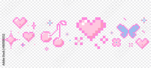 Cute pixel border nice pink pixel decoration. Y2k retro game 8 bit flower blossom, stars sparkles, butterfly, heart and cherry. Whimsical sparkling shining stars emoji,