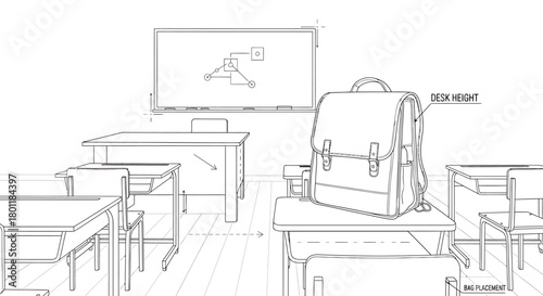 A detailed line drawing of a classic school backpack on a desk.