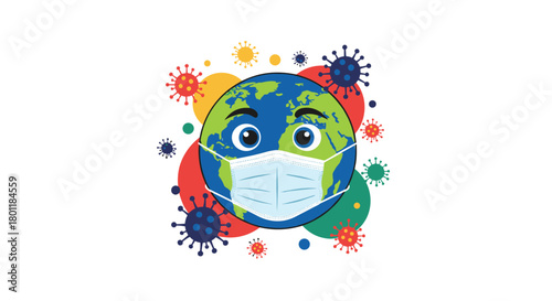 Planet Earth Wearing a Face Mask Surrounded by Viral Particles Illustrating Global Pandemic Concerns
