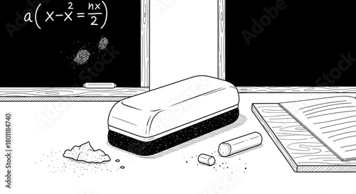 Chalkboard eraser and chalk on a desk in a classroom.