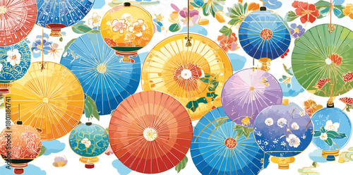 Vecteur d'ombres chinoises et de lanternes colorées décorées de fleurs, style asiatique.