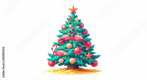 A festive Christmas tree adorned with traditional red and gold ornaments, a star, and unique pink flamingo decorations, standing on a sandy base.