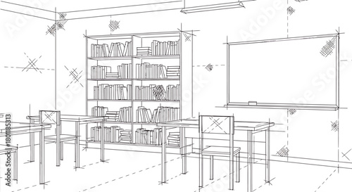 Classroom interior sketch with desks chairs bookshelf and whiteboard.