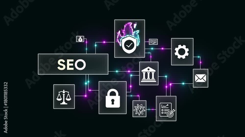 SEO security and network connection diagram with icons Keywords: SEO, security, network, connection, diagram, technology, data, protection, encryption, firewall, shield, lock, scale, law
