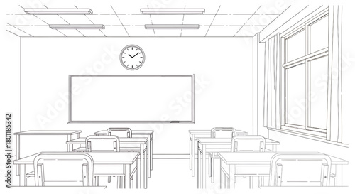 Classroom Interior Sketch with Desks, Whiteboard, Clock, and Window.